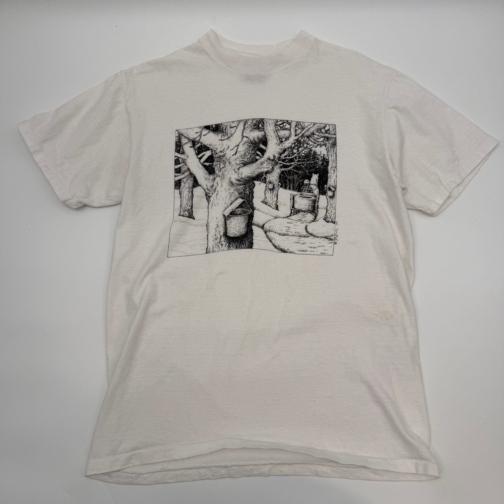 Oneita Mens Medium Shirt White Vintage 1993 Maple Syrup Art Graphic